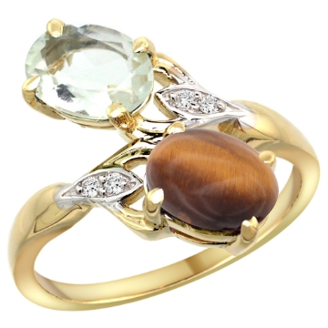 Picture of 10K Yellow Gold Diamond Natural Green Amethyst & Tiger Eye 2-stone Ring Oval 8x6mm, sizes 5 - 10