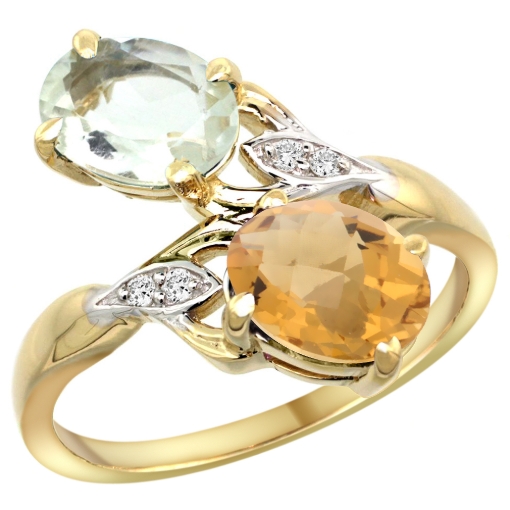 Picture of 10K Yellow Gold Diamond Natural Green Amethyst & Whisky Quartz 2-stone Ring Oval 8x6mm, sizes 5 - 10