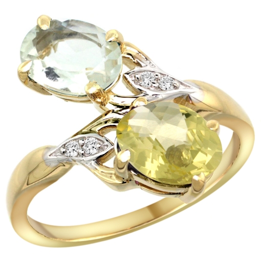 Picture of 10K Yellow Gold Diamond Natural Green Amethyst & Lemon Quartz 2-stone Ring Oval 8x6mm, sizes 5 - 10