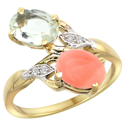 Picture of 10K Yellow Gold Diamond Natural Green Amethyst & Coral 2-stone Ring Oval 8x6mm, sizes 5 - 10