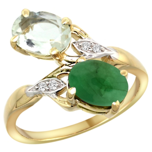 Picture of 10K Yellow Gold Diamond Natural Green Amethyst & Cabochon Emerald 2-stone Ring Oval 8x6mm, sizes 5 - 10