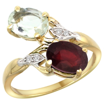 Picture of 10K Yellow Gold Diamond Natural Green Amethyst Ruby 2-stone Mothers Ring Oval 8x6mm size 5-10