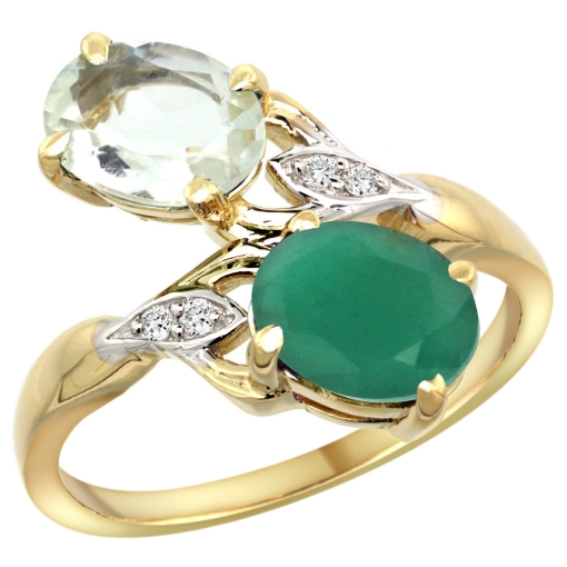 Picture of 10K Yellow Gold Diamond Natural Green Amethyst Emerald 2-stone Mothers Ring Oval 8x6mm size 5 - 10