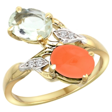Picture of 10K Yellow Gold Diamond Natural Green Amethyst & Orange Moonstone 2-stone Ring Oval 8x6mm, sizes 5 - 10