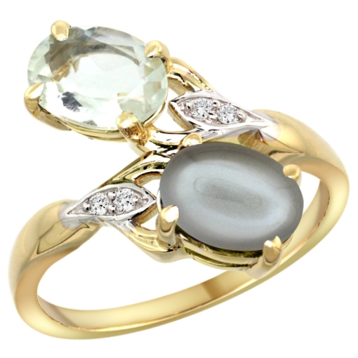 Picture of 10K Yellow Gold Diamond Natural Green Amethyst & Gray Moonstone 2-stone Ring Oval 8x6mm, sizes 5 - 10