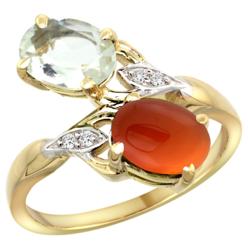 Picture of 10K Yellow Gold Diamond Natural Green Amethyst & Brown Agate 2-stone Ring Oval 8x6mm, sizes 5 - 10