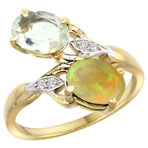 Picture of 10K Yellow Gold Diamond Natural Green Amethyst & Ethiopian Opal 2-stone Mothers Ring Oval 8x6mm,size 5-10