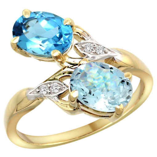 Picture of 10K Yellow Gold Diamond Natural Swiss Blue Topaz & Aquamarine 2-stone Ring Oval 8x6mm, sizes 5 - 10