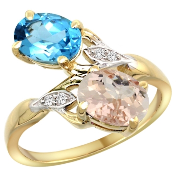 Picture of 10K Yellow Gold Diamond Natural Swiss Blue Topaz & Morganite 2-stone Ring Oval 8x6mm, sizes 5 - 10