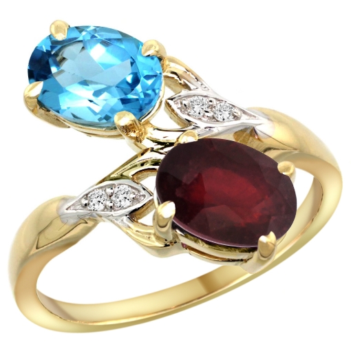 Picture of 10K Yellow Gold Diamond Natural Swiss Blue Topaz & Enhanced Genuine Ruby 2-stone Ring Oval 8x6mm, sizes 5 - 10