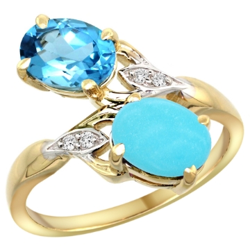 Picture of 10K Yellow Gold Diamond Natural Swiss Blue Topaz & Turquoise 2-stone Ring Oval 8x6mm, sizes 5 - 10