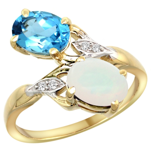 Picture of 10K Yellow Gold Diamond Natural Swiss Blue Topaz & Opal 2-stone Ring Oval 8x6mm, sizes 5 - 10