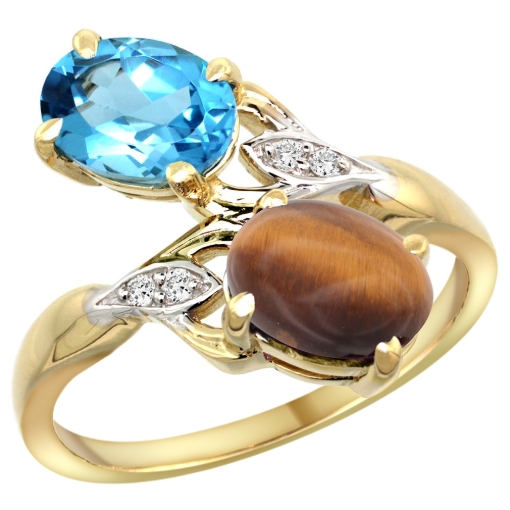 Picture of 10K Yellow Gold Diamond Natural Swiss Blue Topaz & Tiger Eye 2-stone Ring Oval 8x6mm, sizes 5 - 10