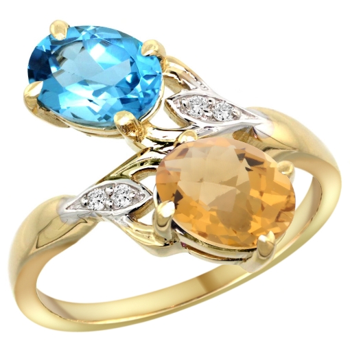Picture of 10K Yellow Gold Diamond Natural Swiss Blue Topaz & Whisky Quartz 2-stone Ring Oval 8x6mm, sizes 5 - 10