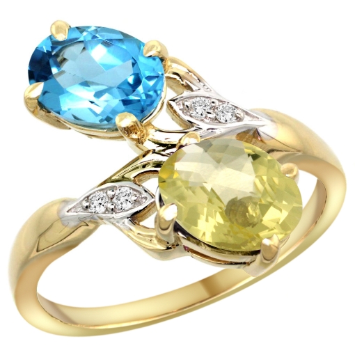 Picture of 10K Yellow Gold Diamond Natural Swiss Blue Topaz & Lemon Quartz 2-stone Ring Oval 8x6mm, sizes 5 - 10