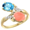 Picture of 10K Yellow Gold Diamond Natural Swiss Blue Topaz & Coral 2-stone Ring Oval 8x6mm, sizes 5 - 10