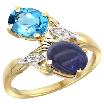 Picture of 10K Yellow Gold Diamond Natural Swiss Blue Topaz & Lapis 2-stone Ring Oval 8x6mm, sizes 5 - 10