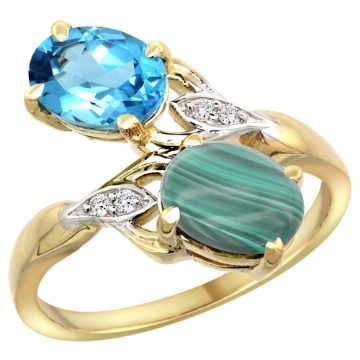 Picture of 10K Yellow Gold Diamond Natural Swiss Blue Topaz & Malachite 2-stone Ring Oval 8x6mm, sizes 5 - 10