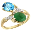 Picture of 10K Yellow Gold Diamond Natural Swiss Blue Topaz & Cabochon Emerald 2-stone Ring Oval 8x6mm, sizes 5 - 10