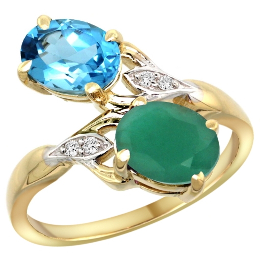 Picture of 10K Yellow Gold Diamond Natural Swiss Blue Topaz Emerald 2-stone Mothers Ring Oval 8x6mm size 5 - 10