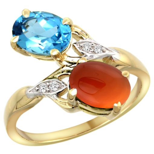 Picture of 10K Yellow Gold Diamond Natural Swiss Blue Topaz & Brown Agate 2-stone Ring Oval 8x6mm, sizes 5 - 10