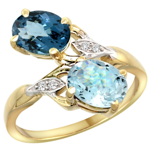 Picture of 10K Yellow Gold Diamond Natural London Blue Topaz & Aquamarine 2-stone Ring Oval 8x6mm, sizes 5 - 10