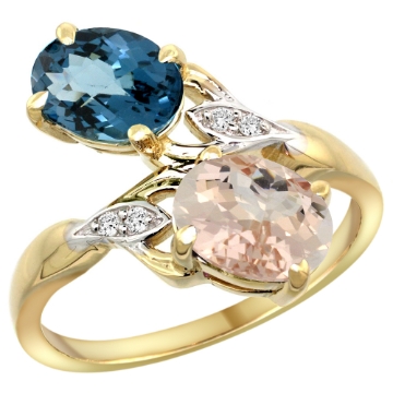 Picture of 10K Yellow Gold Diamond Natural London Blue Topaz & Morganite 2-stone Ring Oval 8x6mm, sizes 5 - 10