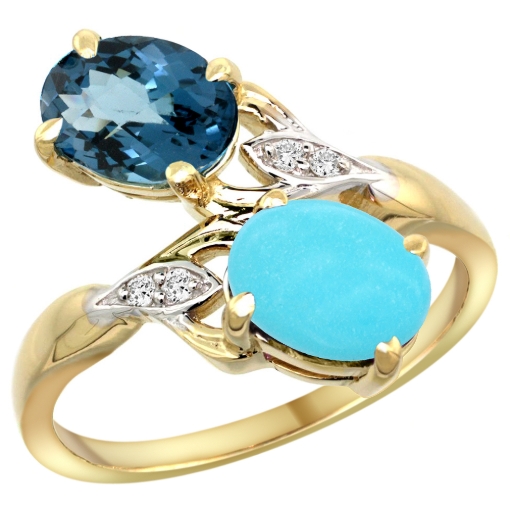 Picture of 10K Yellow Gold Diamond Natural London Blue Topaz & Turquoise 2-stone Ring Oval 8x6mm, sizes 5 - 10
