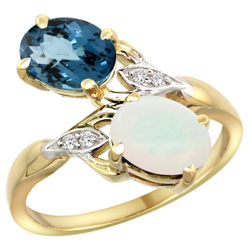 Picture of 10K Yellow Gold Diamond Natural London Blue Topaz & Opal 2-stone Ring Oval 8x6mm, sizes 5 - 10