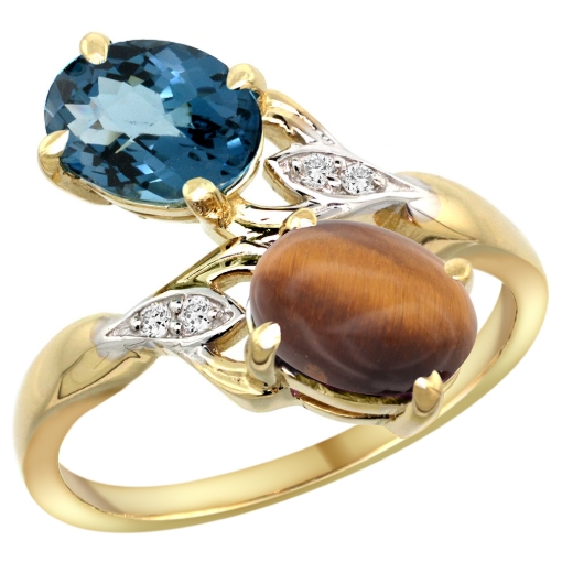 Picture of 10K Yellow Gold Diamond Natural London Blue Topaz & Tiger Eye 2-stone Ring Oval 8x6mm, sizes 5 - 10