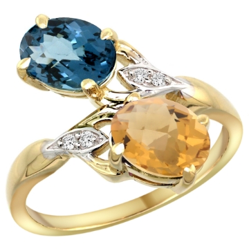 Picture of 10K Yellow Gold Diamond Natural London Blue Topaz & Whisky Quartz 2-stone Ring Oval 8x6mm, sizes 5 - 10