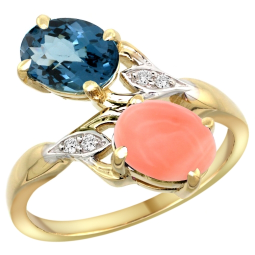 Picture of 10K Yellow Gold Diamond Natural London Blue Topaz & Coral 2-stone Ring Oval 8x6mm, sizes 5 - 10
