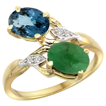 Picture of 10K Yellow Gold Diamond Natural London Blue Topaz & Cabochon Emerald 2-stone Ring Oval 8x6mm, sizes 5 - 10