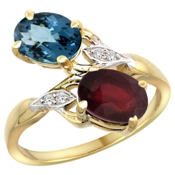 Picture of 10K Yellow Gold Diamond Natural London Blue Topaz Ruby 2-stone Mothers Ring Oval 8x6mm size 5 - 10