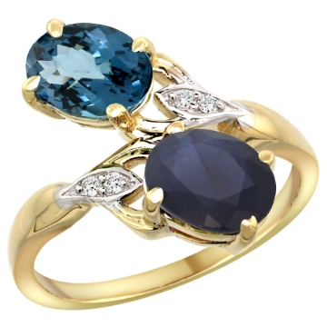 Picture of 10K Yellow Gold Diamond Natural London Blue Topaz Blue Sapphire 2-stone Ring Oval 8x6mm size 5-10